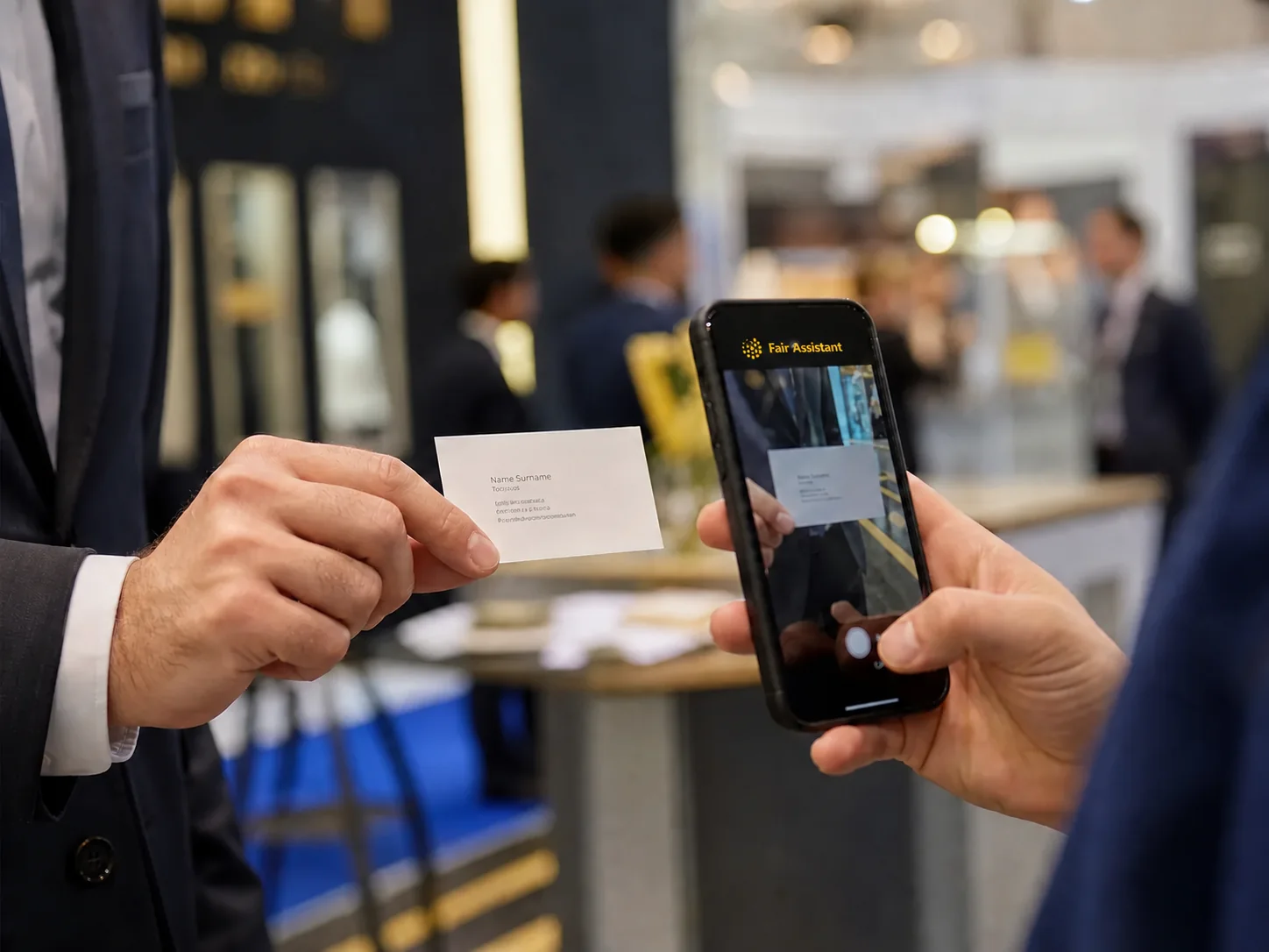 Exhibitor taking a photo of a business card with a phone at a fair