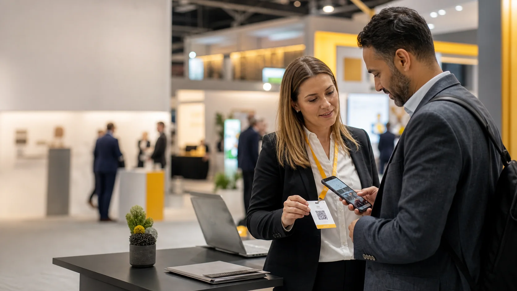 Business people talking at an exhibition stand during a trade fair